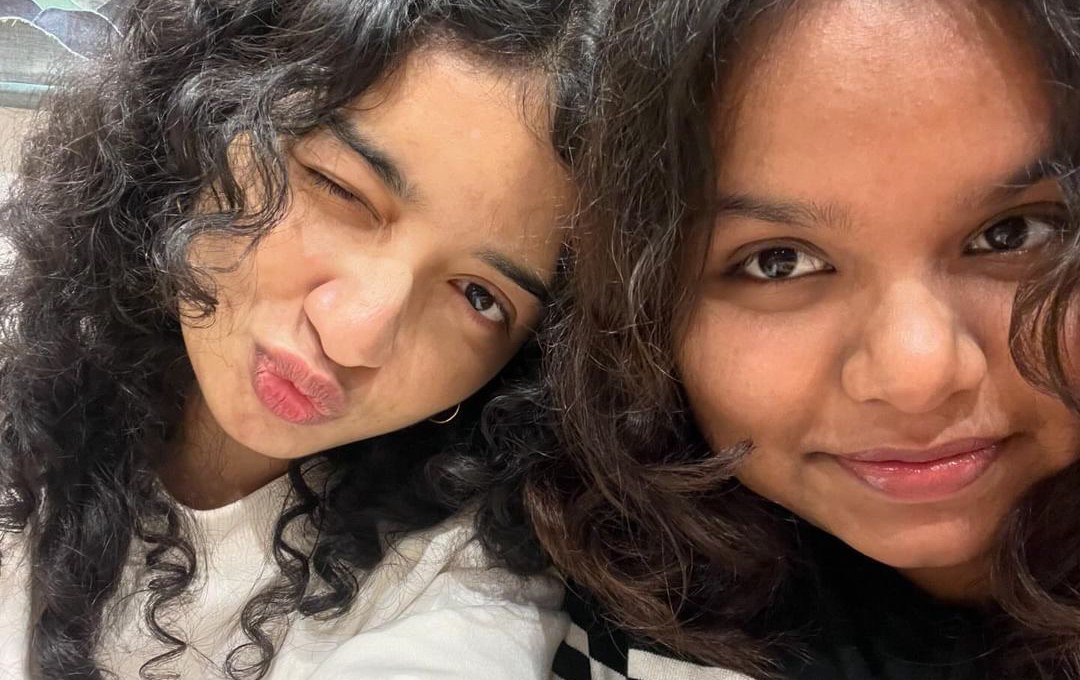 The two of us, pulling faces